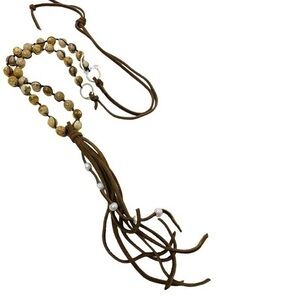 Long Necklace with Brown Stone Beads on Brown Leather Chain